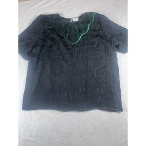 Gunit Fashions Blouse Womens Large Black Beaded Silk Short Sleeve Party Top